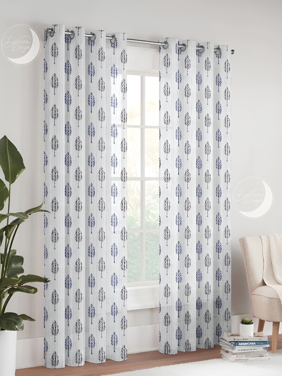 

Lunar Days Navy Blue & Grey Set of 3 Floral Sheer Door Curtain