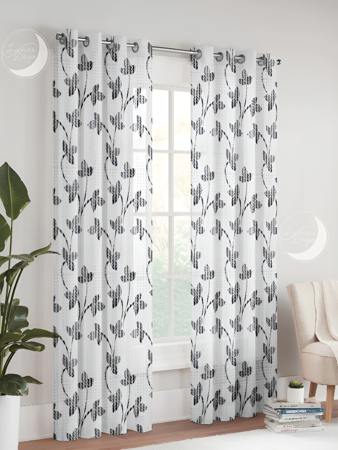 

Lunar Days Grey & White Set of 3 Floral Sheer Door Curtain