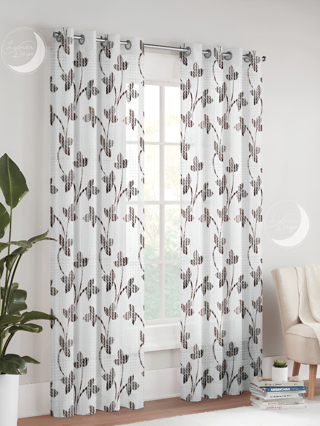 

Lunar Days Brown & White 3Pcs Floral Sheer Window Curtain