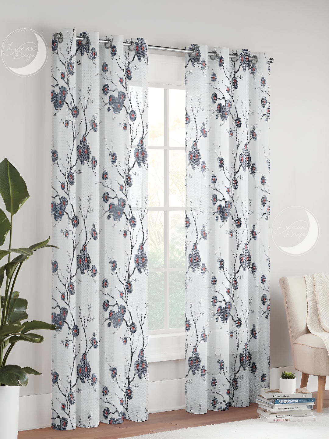 

Lunar Days Grey & White 3Pcs Floral Sheer Window Curtain