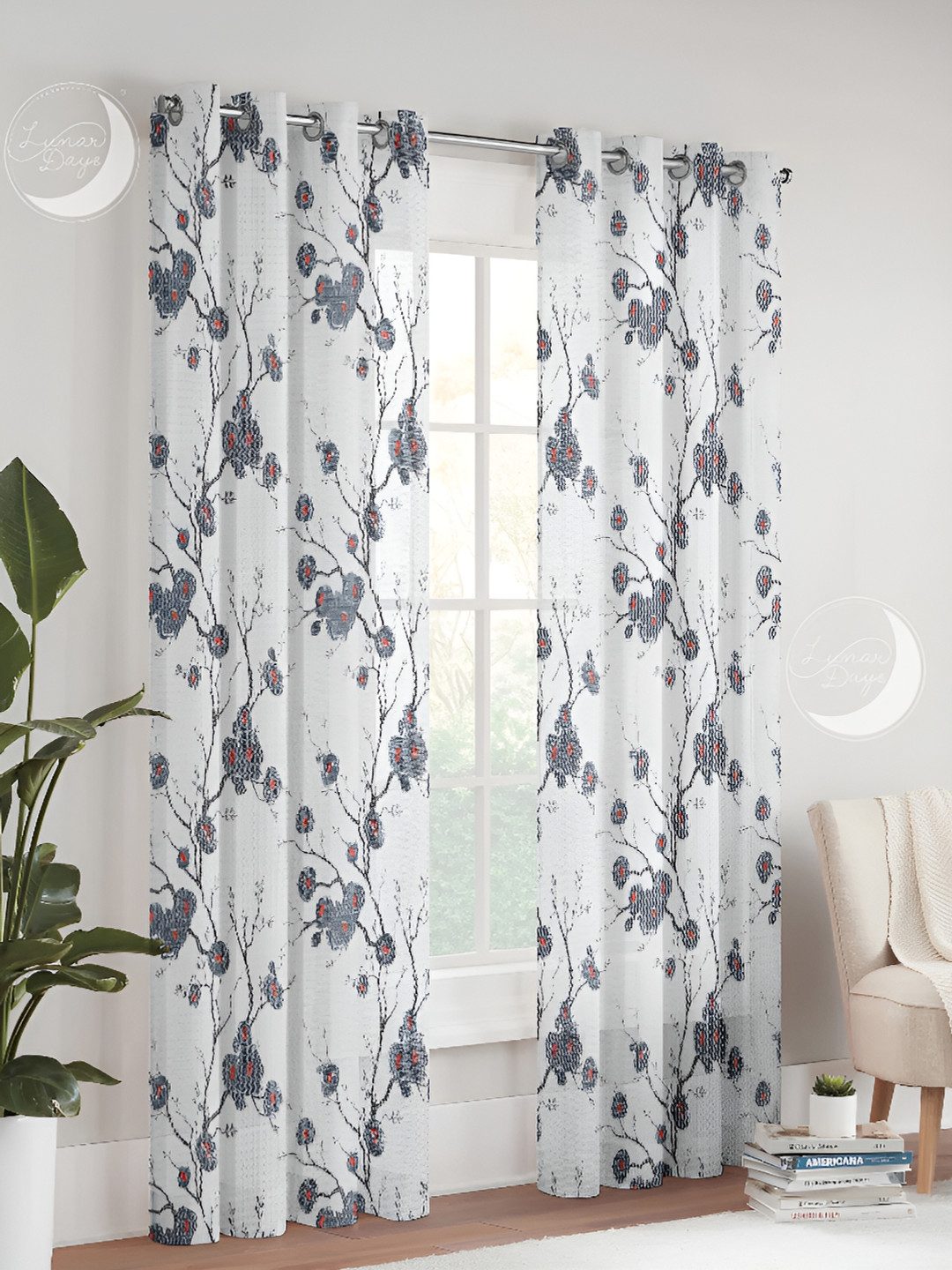 

Lunar Days Grey & White 3Pcs Floral Sheer Window Curtain