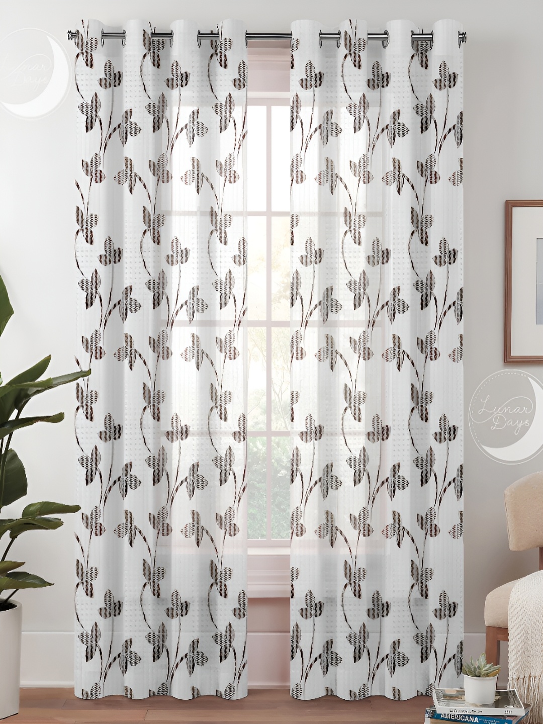 

Lunar Days Brown & White Set of 2 Floral Sheer Long Door Curtain