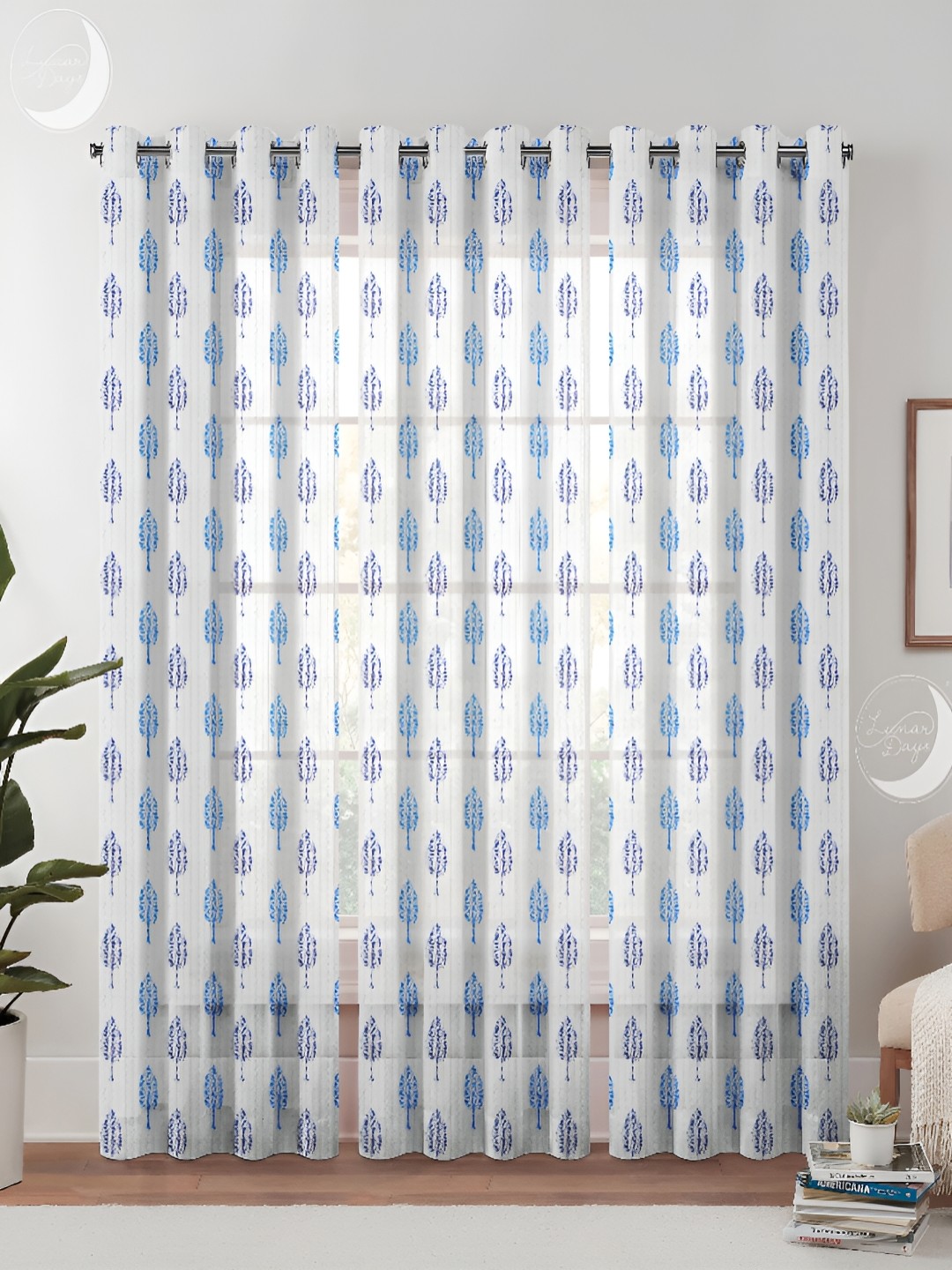 

Lunar Days Blue & White Set of 3 Floral Sheer Door Curtain