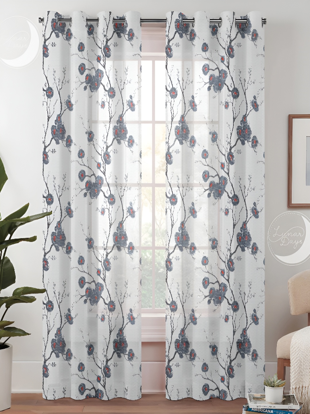 

Lunar Days Grey & White Set of 2 Floral Sheer Long Door Curtain