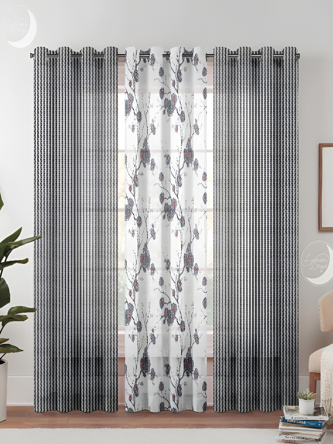 

Lunar Days Grey & White 3 Pieces Striped Sheer Long Door Curtains