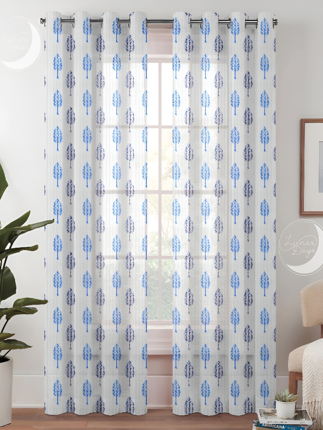 Lunar Days Blue White 2 Pieces Floral Sheer Long Door Curtain