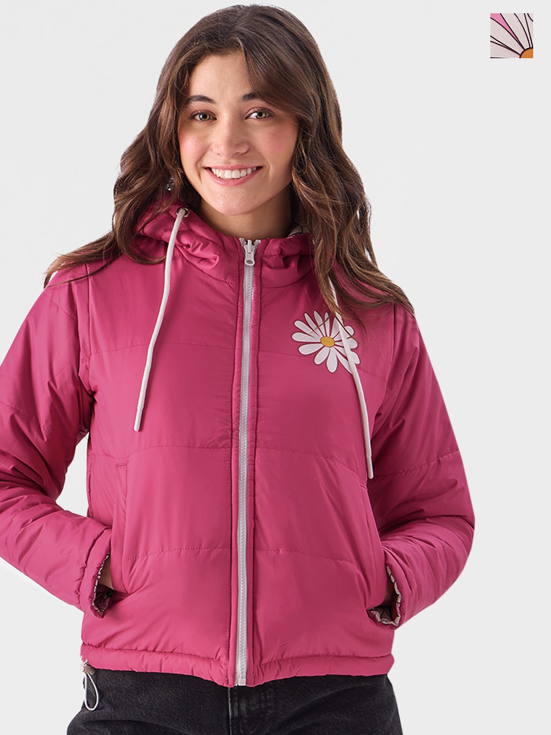 

The Souled Store Floral Printed Reversible Puffer Jacket, Pink