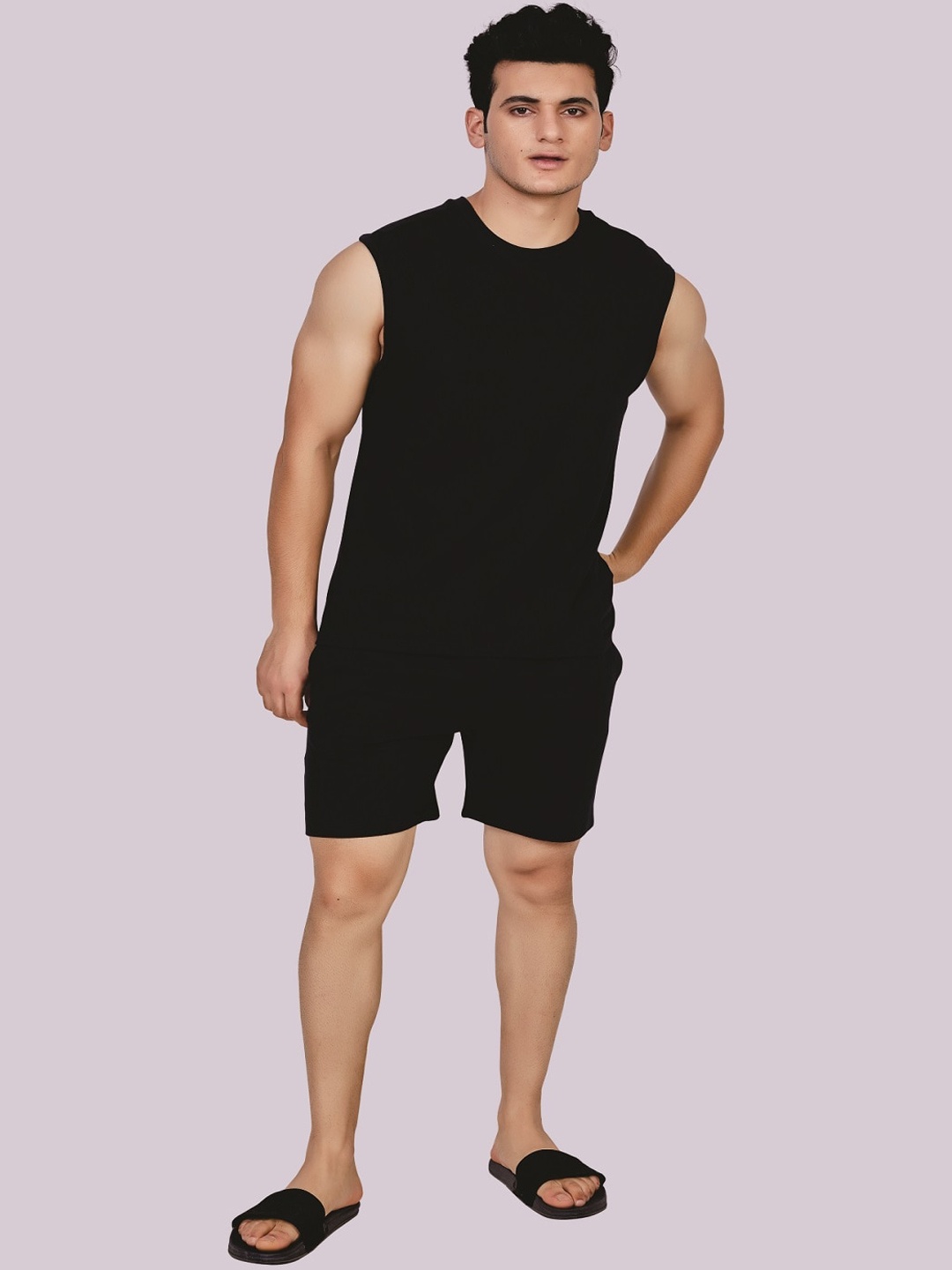 

ecott Men Round Neck Pure Cotton Co-Ords Set, Black