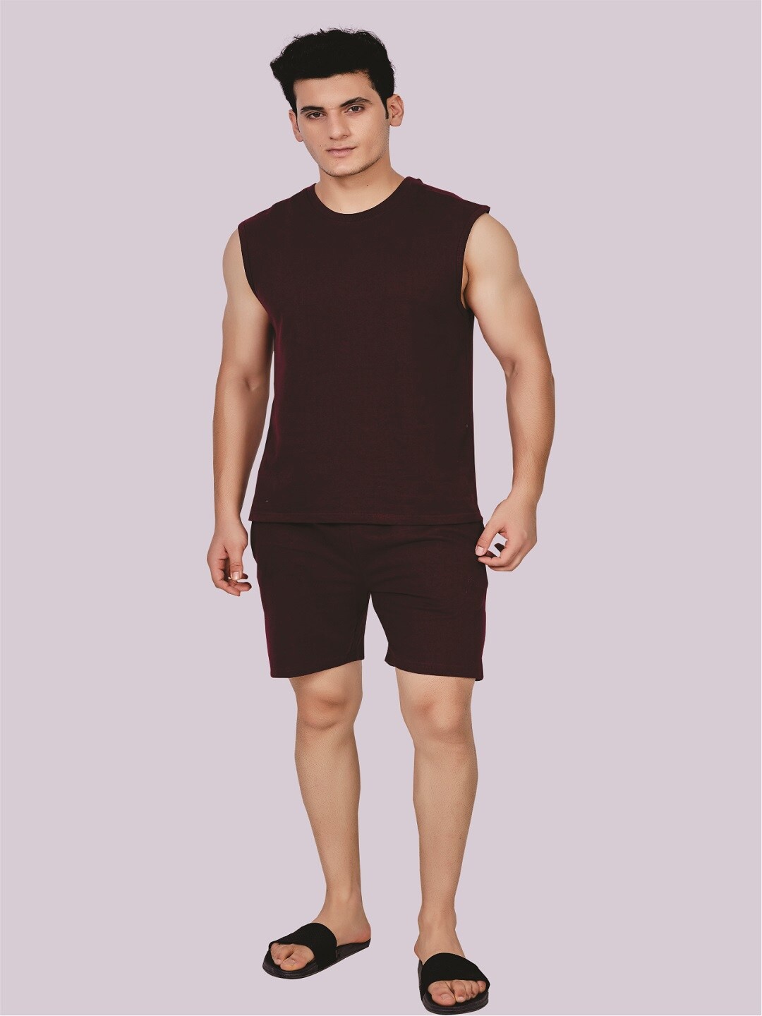 

ecott Men Round Neck Pure Cotton Co-Ords Set, Maroon