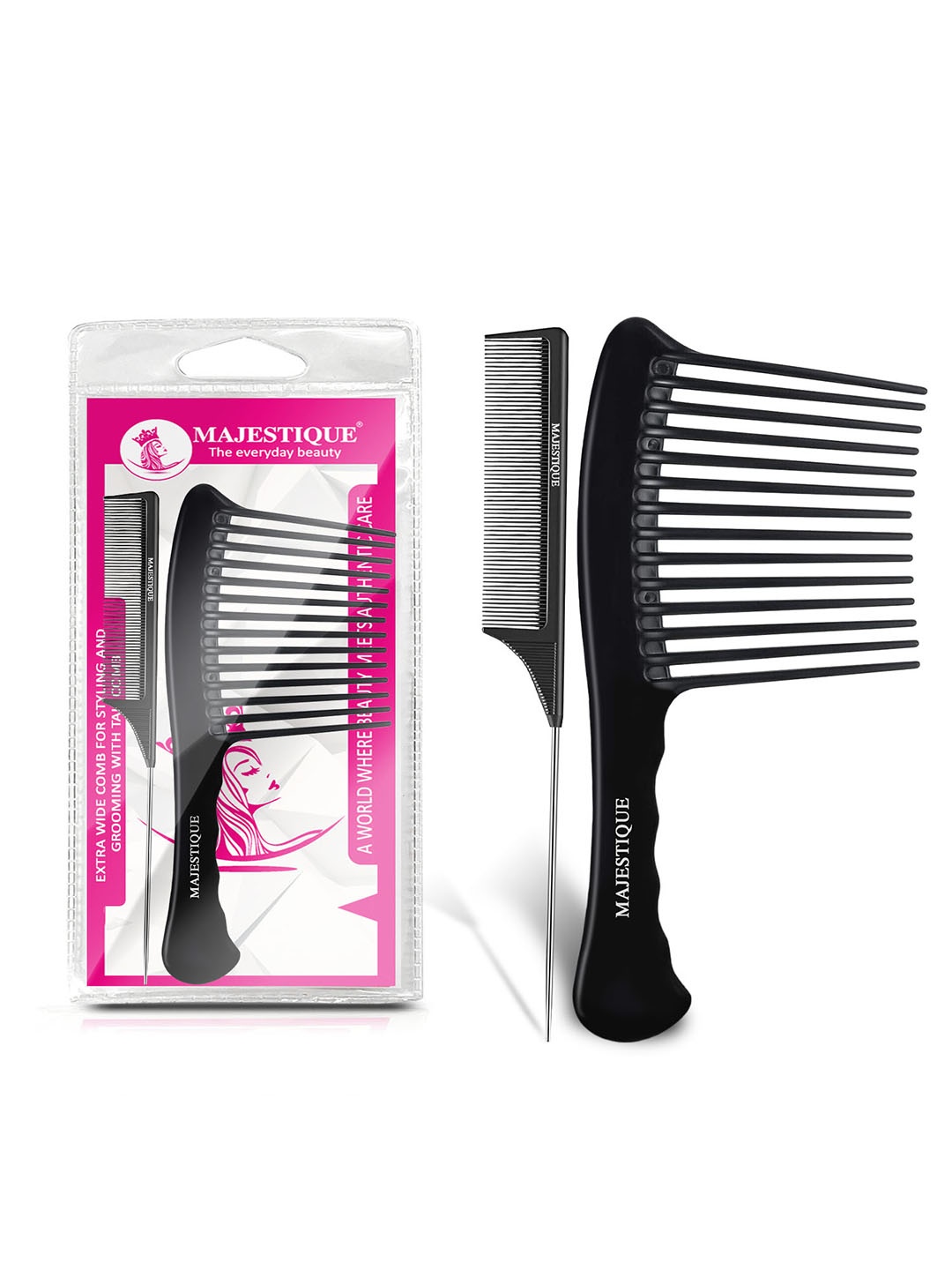 

MAJESTIQUE 2-Pcs Extra Wide Comb For Styling With Tail Comb, Black
