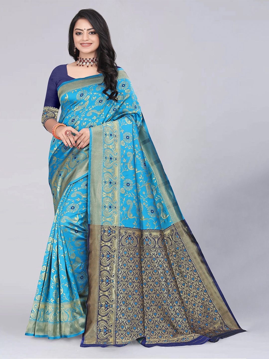 

MUKHITA Woven Design Kanjeevaram Saree, Turquoise blue