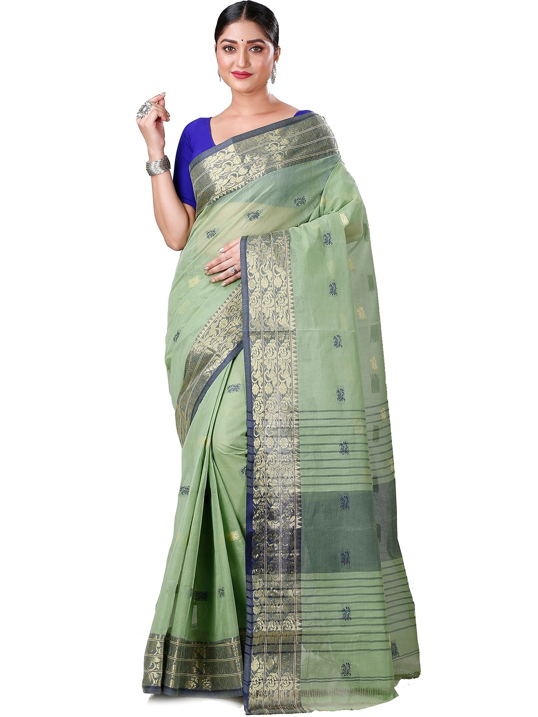 

PuJoy Ethnic Motifs Woven Design Pure Cotton Zari Manjuri Bengali Taant Saree, Sea green