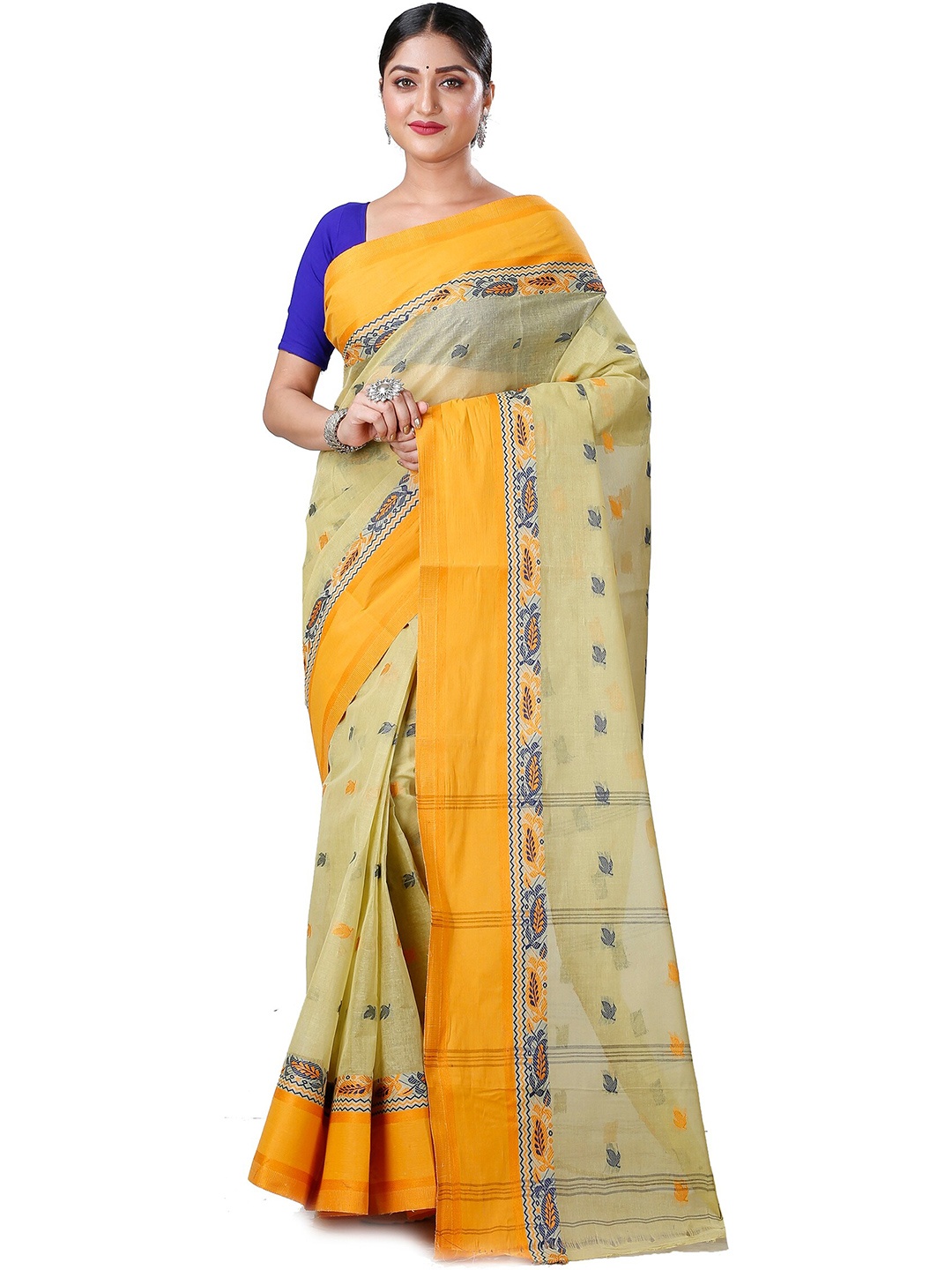 

PuJoy Ethnic Motifs Woven Design Pure Cotton Provati Bengali Taant Saree, Yellow