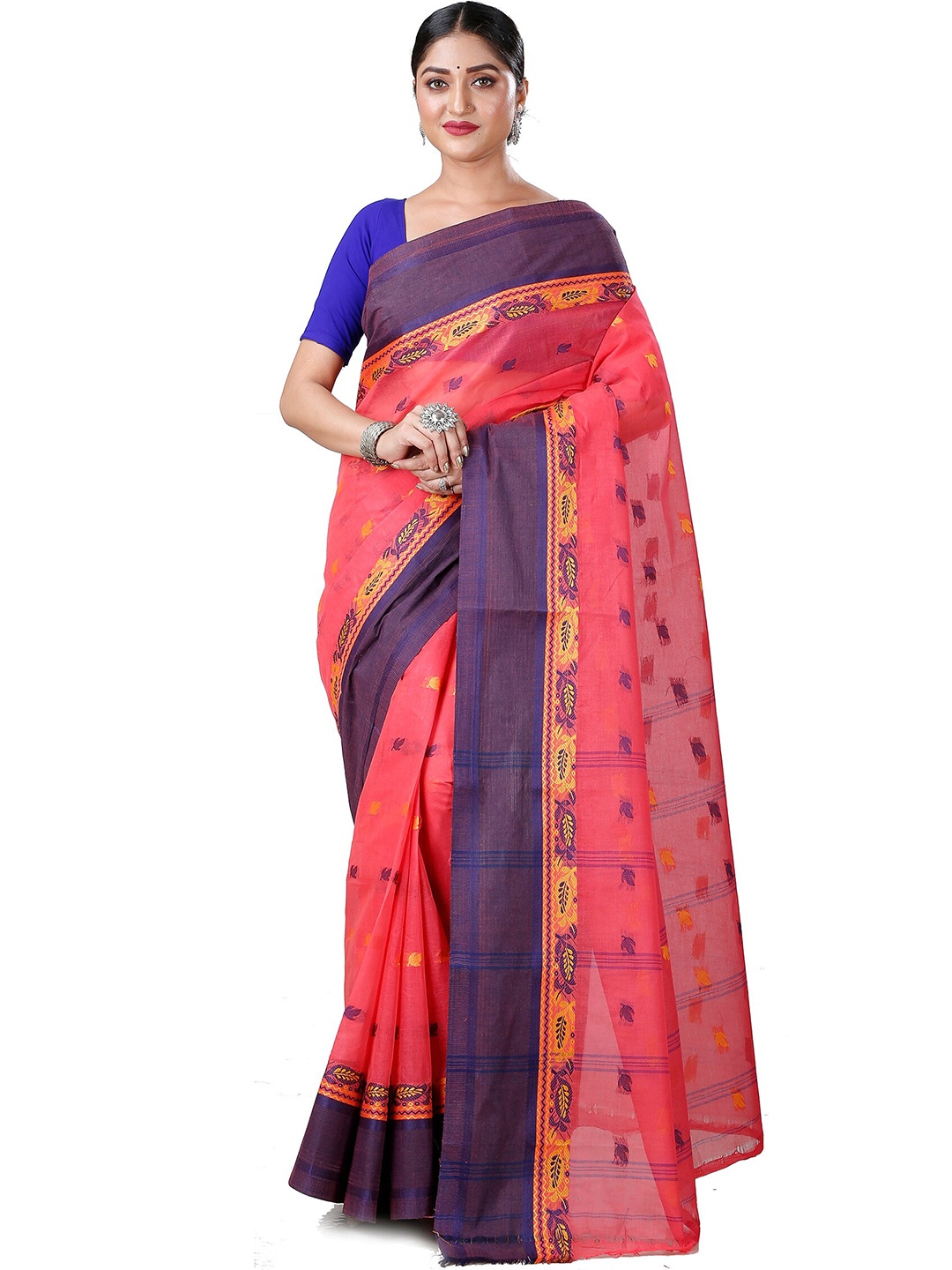 

PuJoy Ethnic Motifs Woven Design Pure Cotton Provati Bengali Taant Saree, Purple