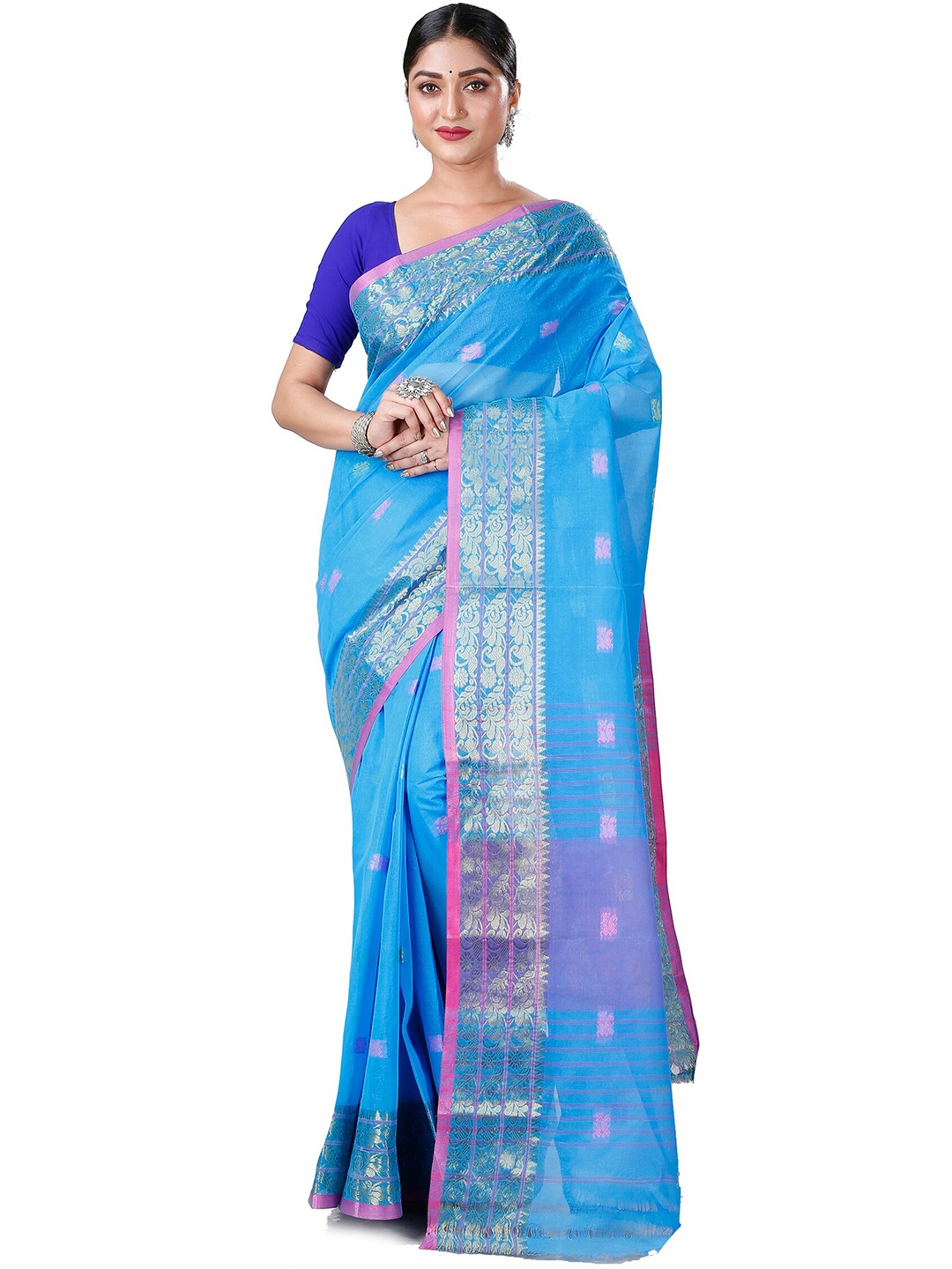 

PuJoy Ethnic Motifs Woven Design Pure Cotton Manjuri Bengali Taant Saree, Blue