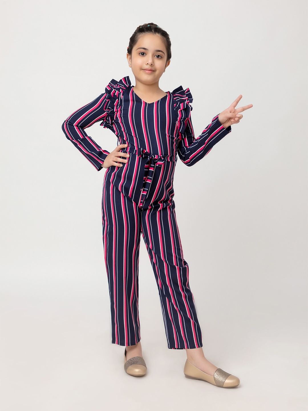 

Purple United Kids Girls Striped Ruffles Waist Tie-Ups Basic Jumpsuit, Navy blue