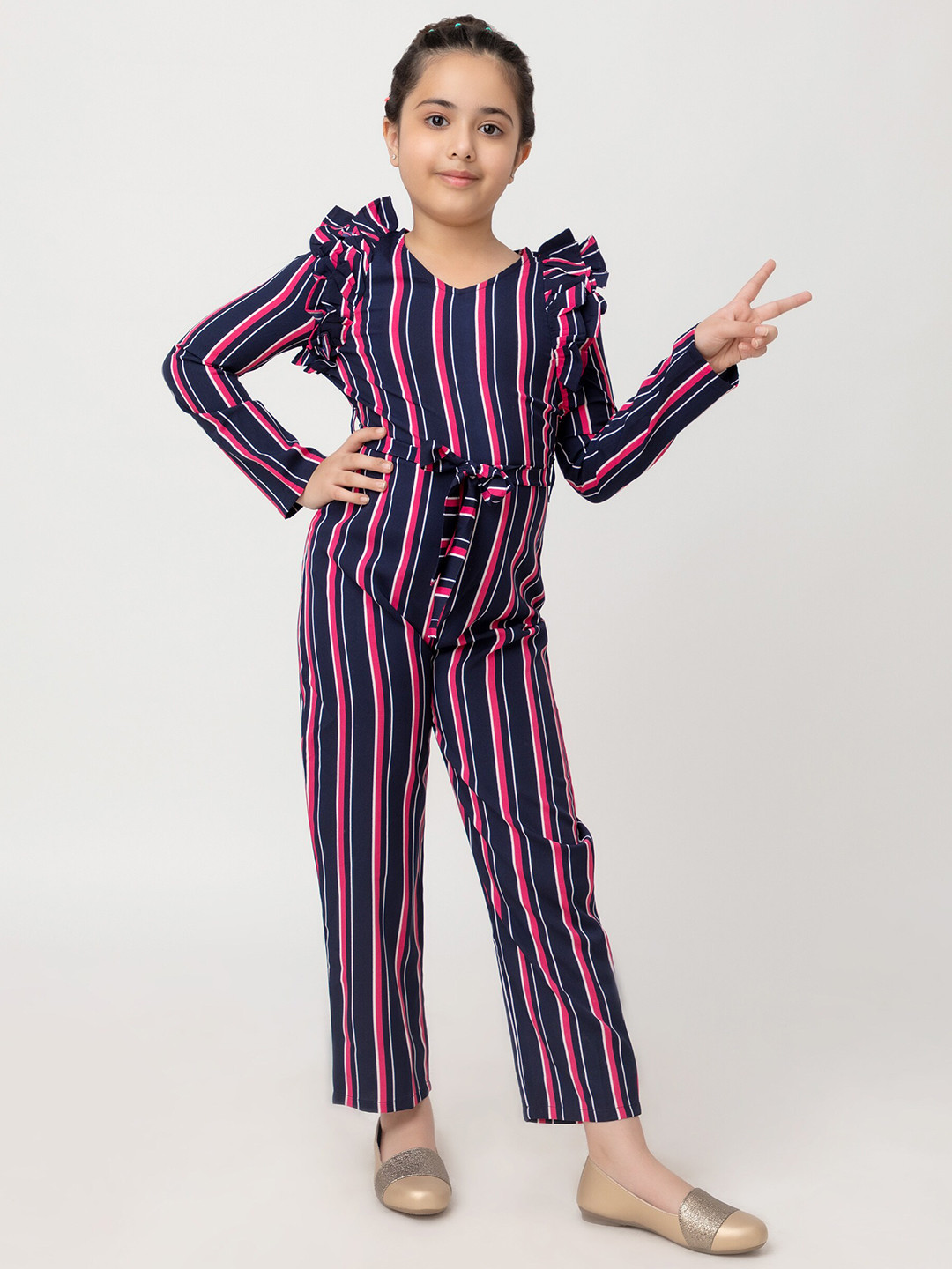 

Purple United Kids Girls Striped Ruffles Waist Tie-Ups Basic Jumpsuit, Navy blue