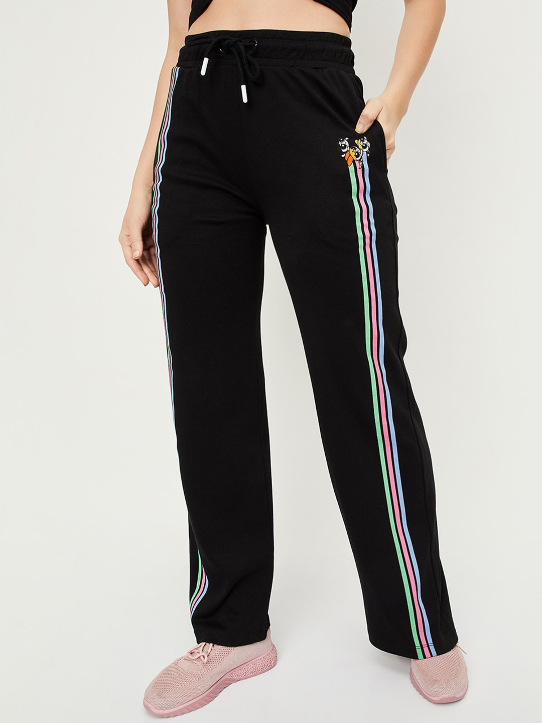 

max Women Power Puff Girls Printed Pure Cotton Mid-Rise Track Pants, Black