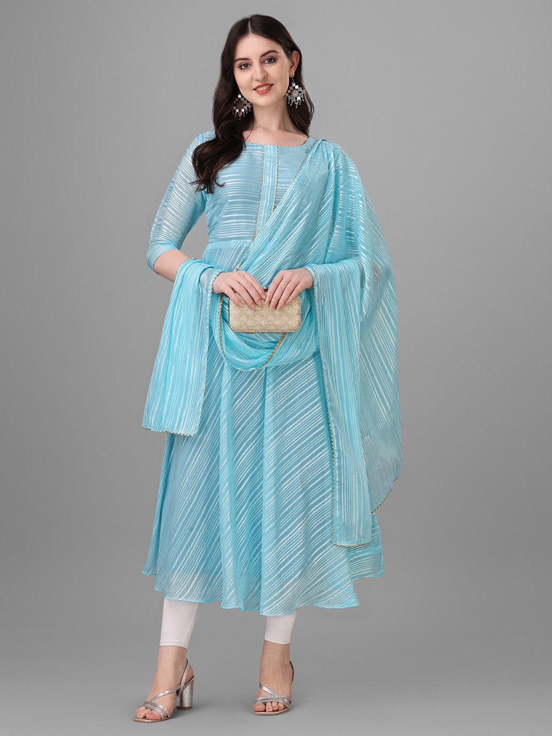 

N N ENTERPRISE Striped Silk Georgette Gotta Patti Kurta with Pyjamas & Dupatta, Turquoise blue