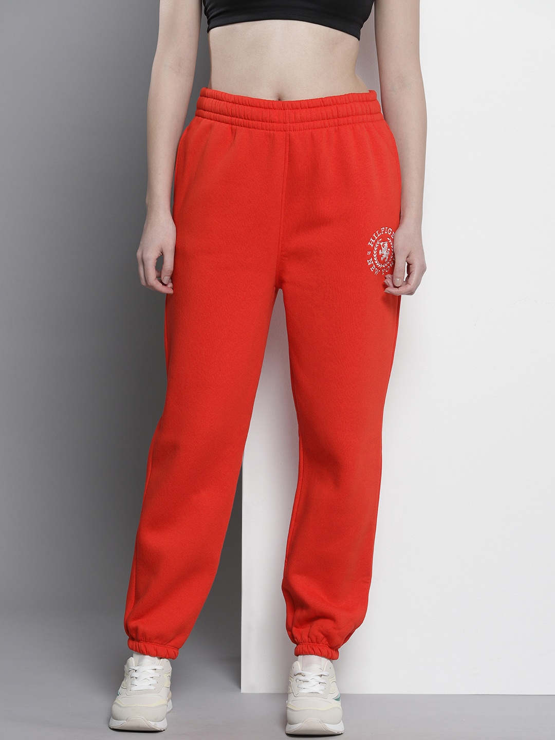 

Tommy Hilfiger Women Solid Relaxed Fit Mid-Rise Knitted Joggers With Brand Logo Embroidery, Red