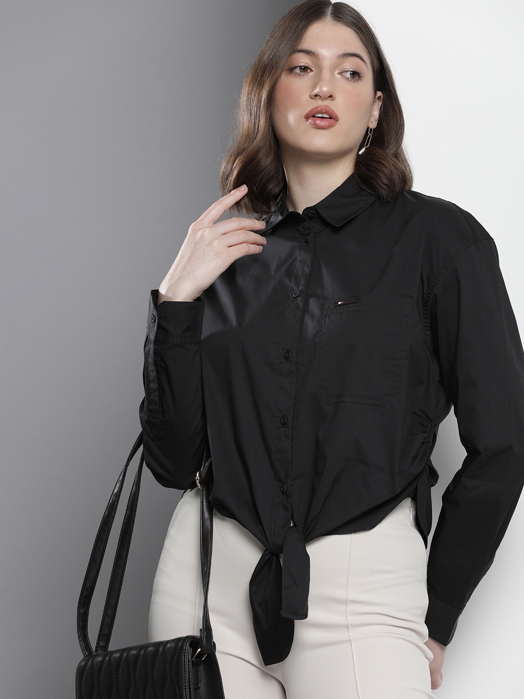 

Tommy Hilfiger Women Boxy Solid Opaque Ruched Crop Waist Tie-Ups Casual Shirt, Black