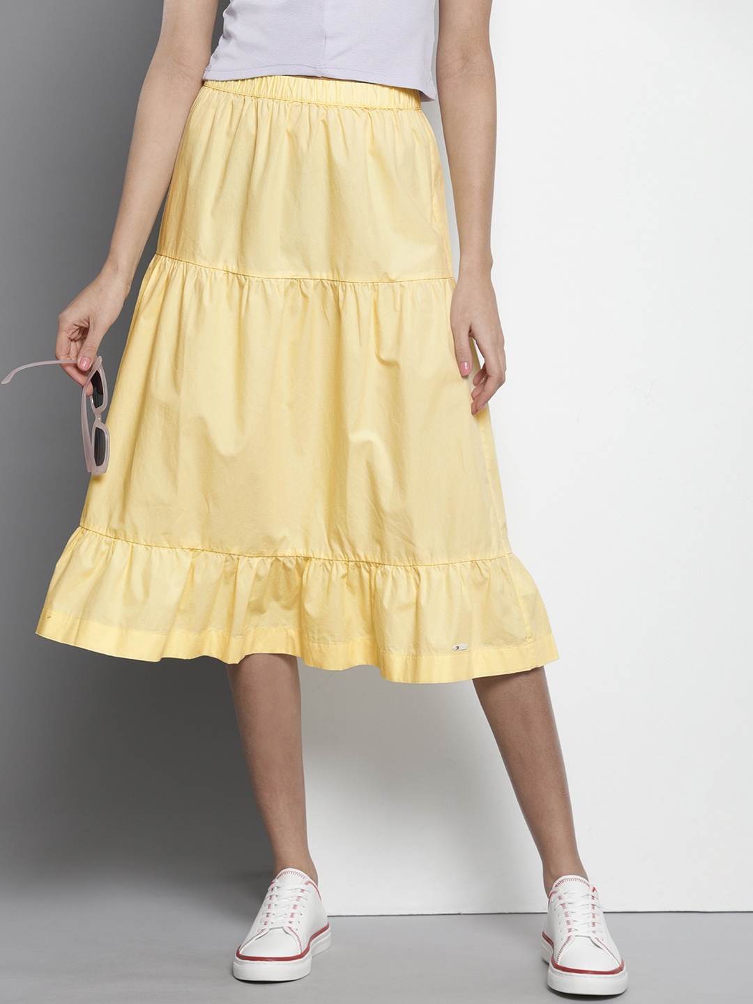 

Tommy Hilfiger Women Pure Cotton Tiered A-Line Midi Skirt, Yellow