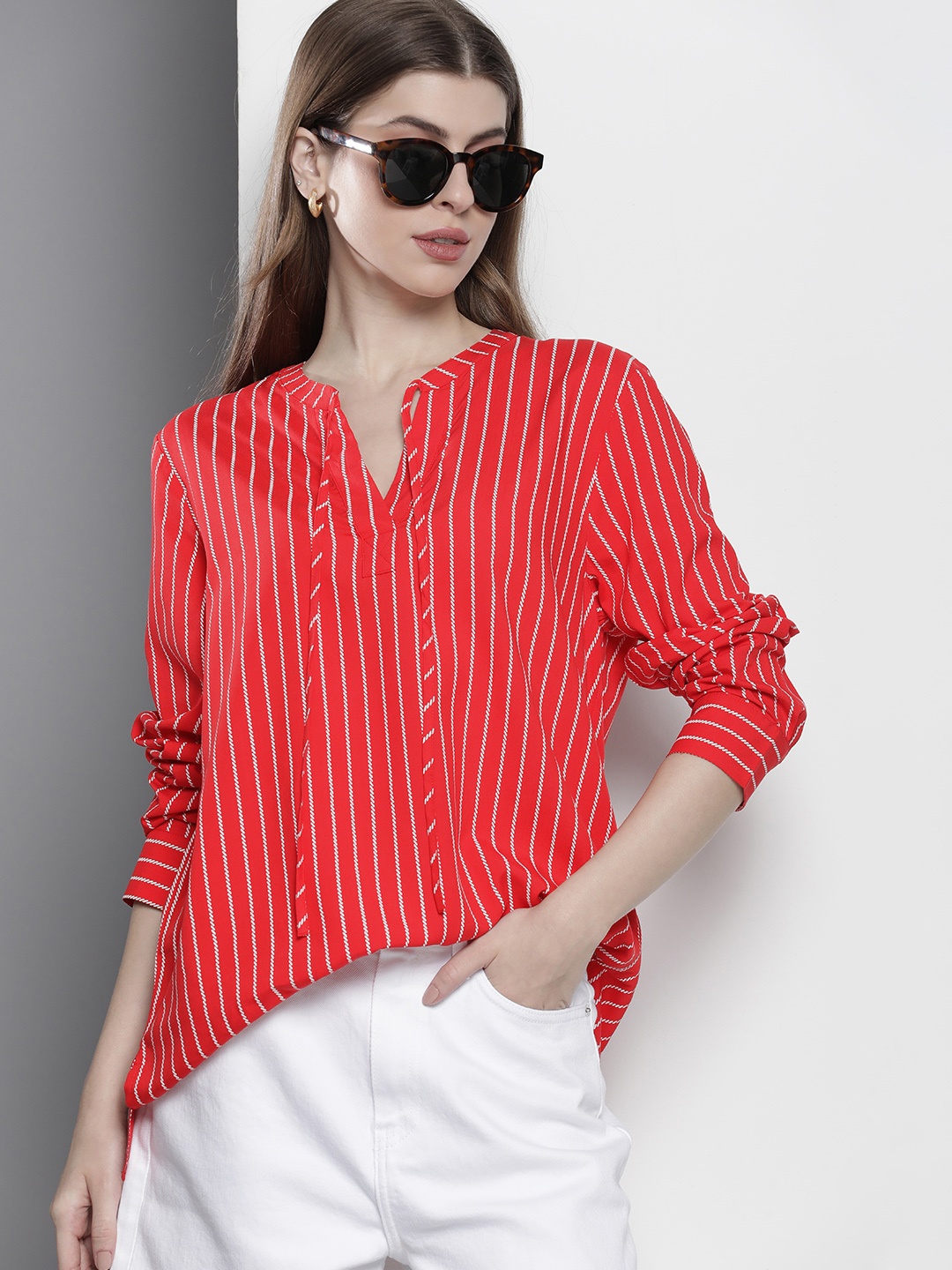 

Tommy Hilfiger Striped Tie-Up Neck Longline Top, Red