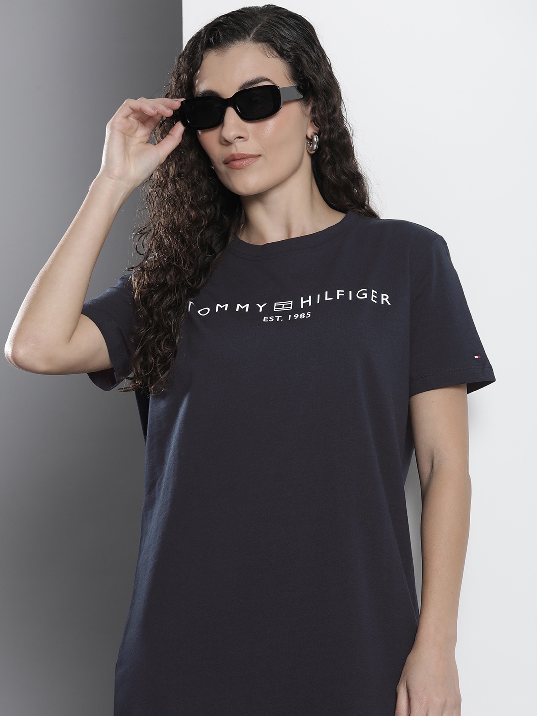 Tommy Hilfiger Brand Logo Printed Pure Cotton T-shirt Dress, Navy blue