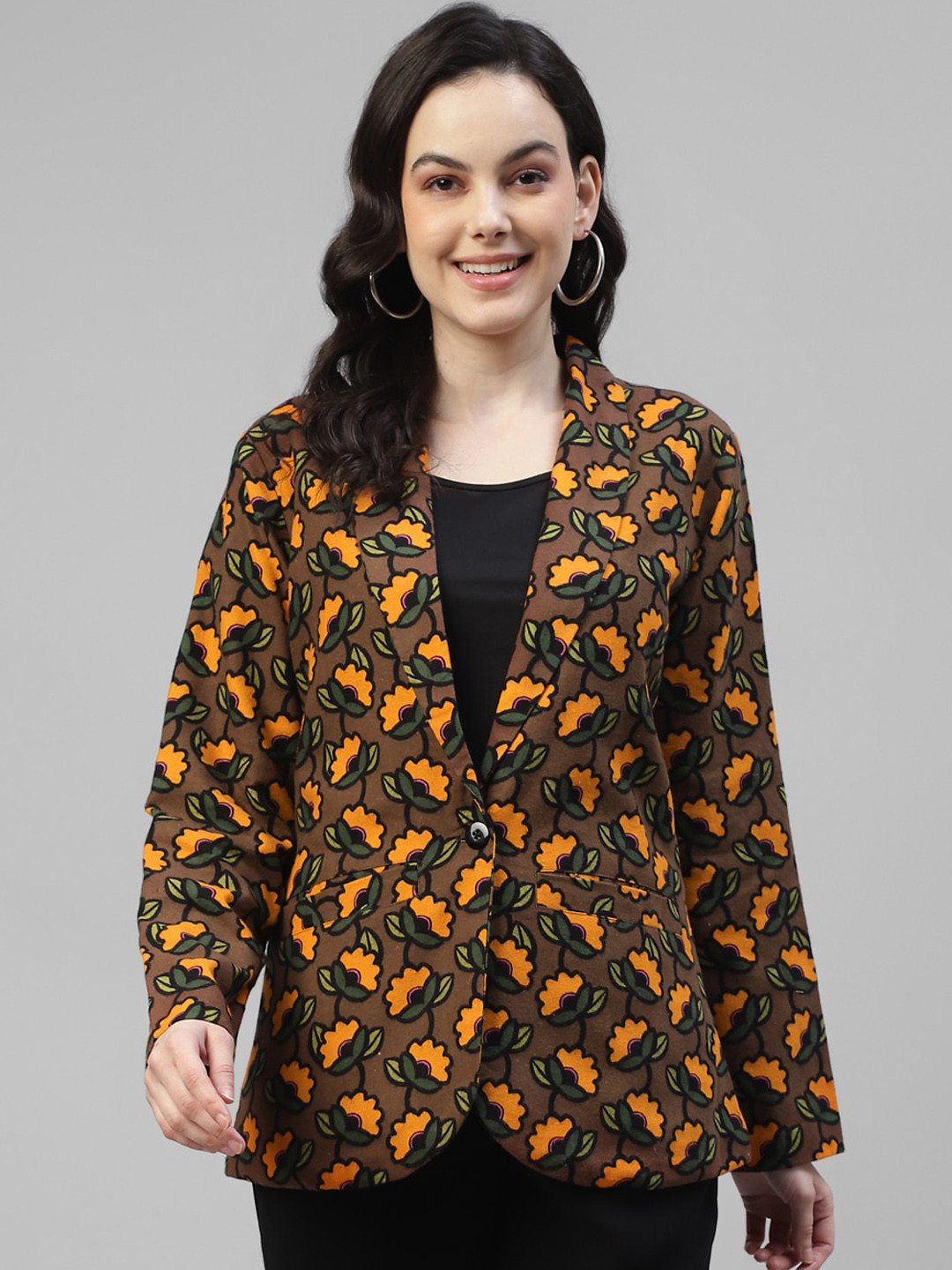 

DEEBACO Floral Printed Single-Breasted Cotton Blazer, Brown