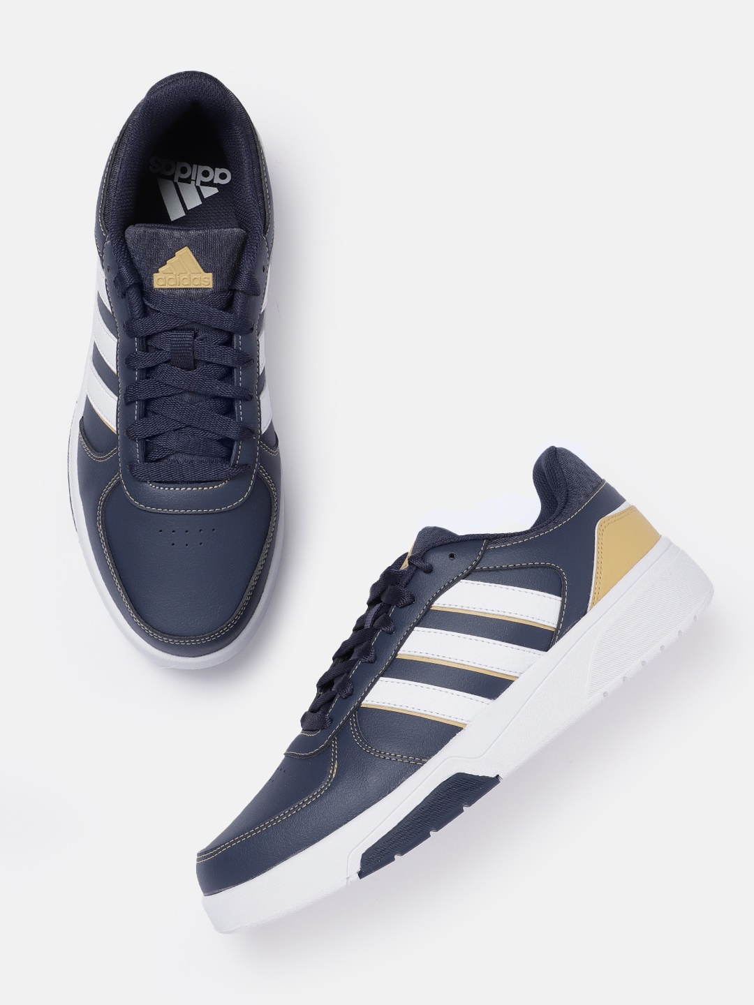 

ADIDAS Men Colourblocked Round-Toe Sneak-Out Tennis Shoes with Striped Detail, Navy blue