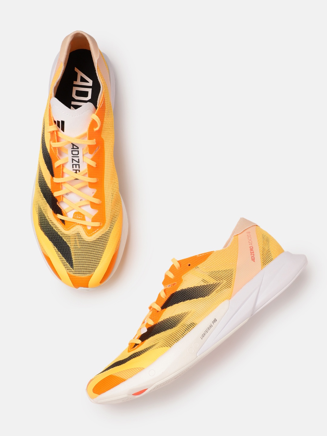 

ADIDAS Men Woven Design Round-Toe Adizero Adios 8 Running Shoes with Striped Detail, Yellow