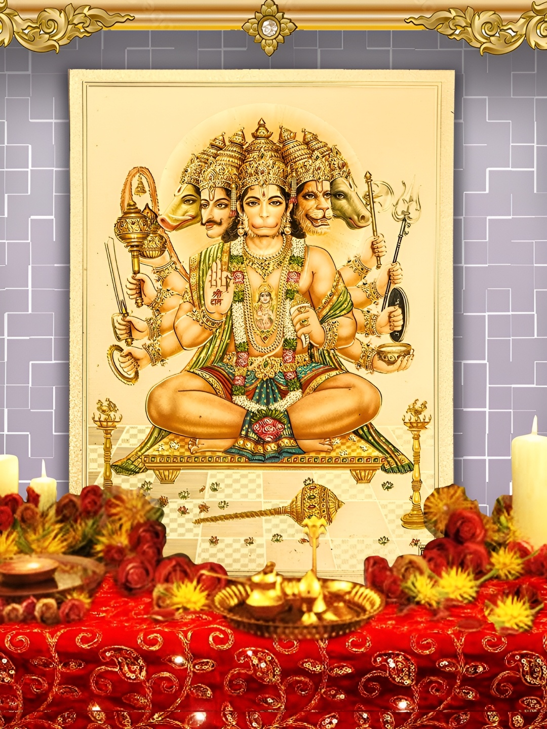 

Hawai Gold-Toned & Red Panchmukhi Hanuman Bajrang Bali Acrylic Wall Photo Frames