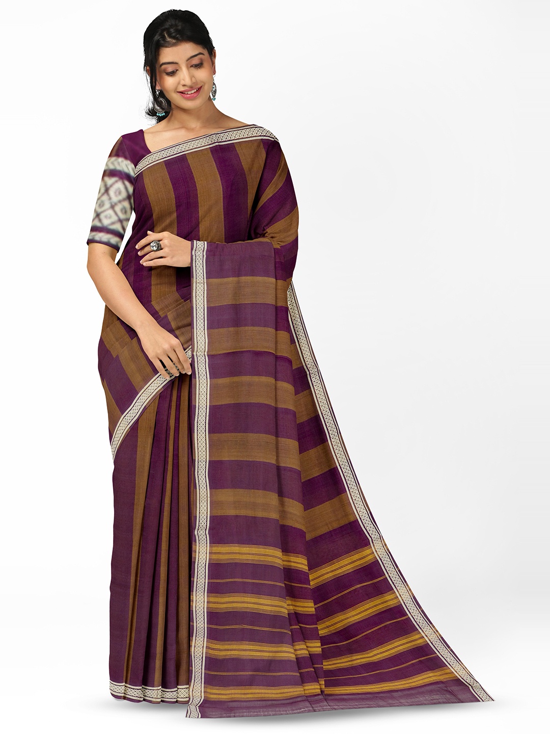 

APCO Striped Pure Cotton Saree, Brown