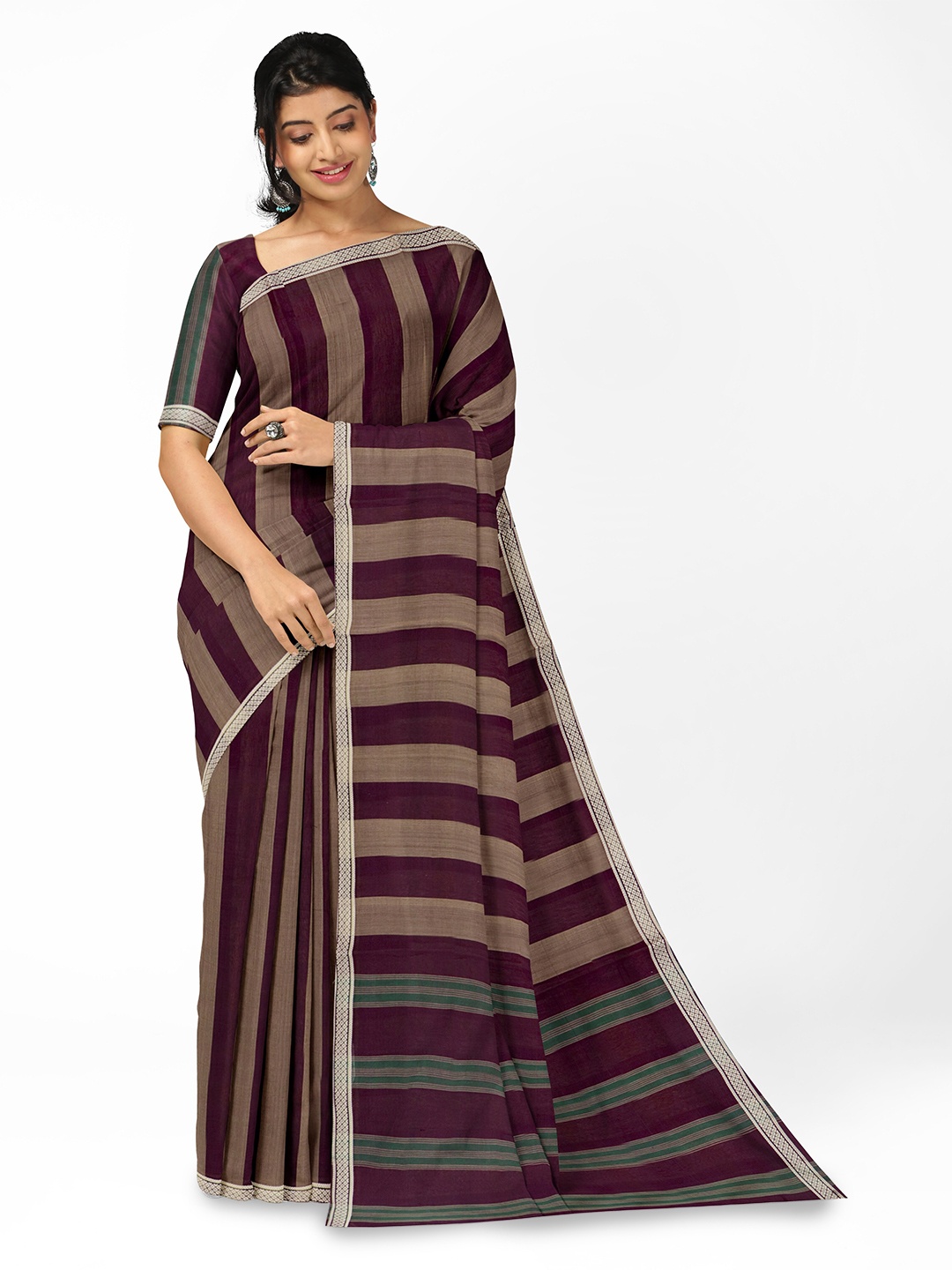 

APCO Striped Pure Cotton Saree, Purple