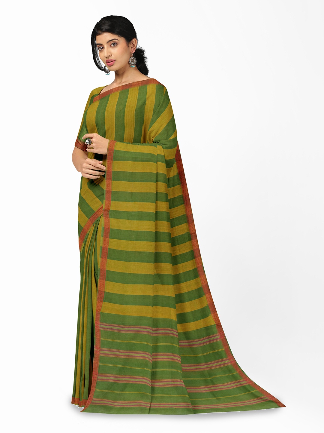 

APCO Striped Pure Cotton Saree, Green