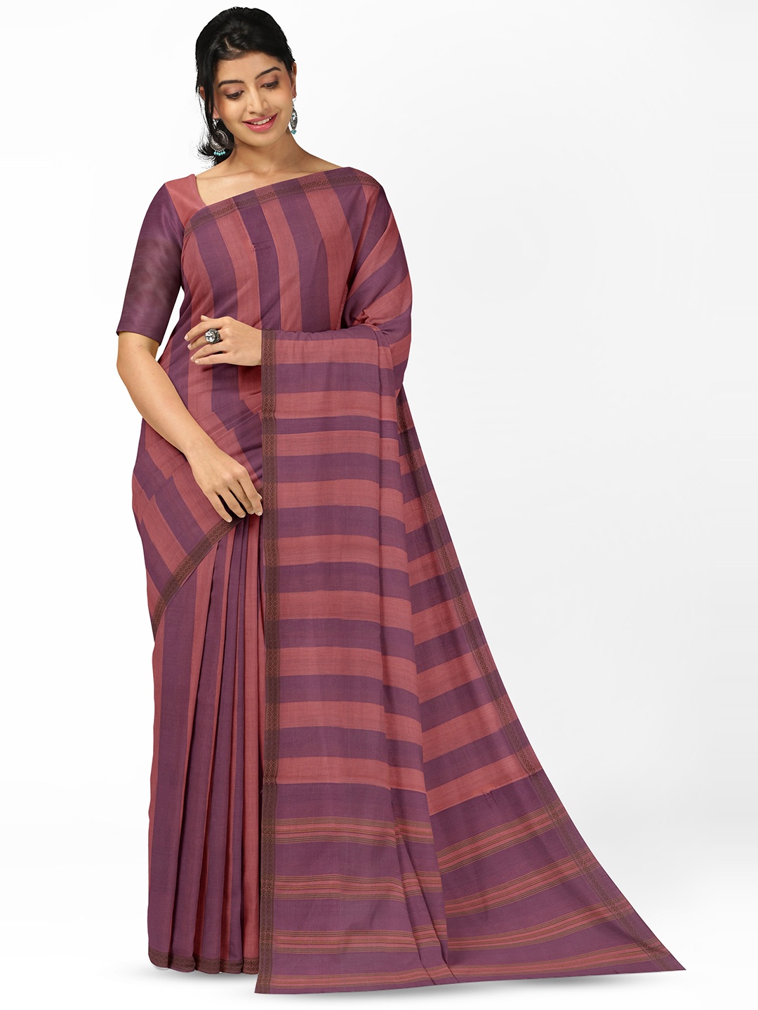 

APCO Striped Pure Cotton Saree, Red