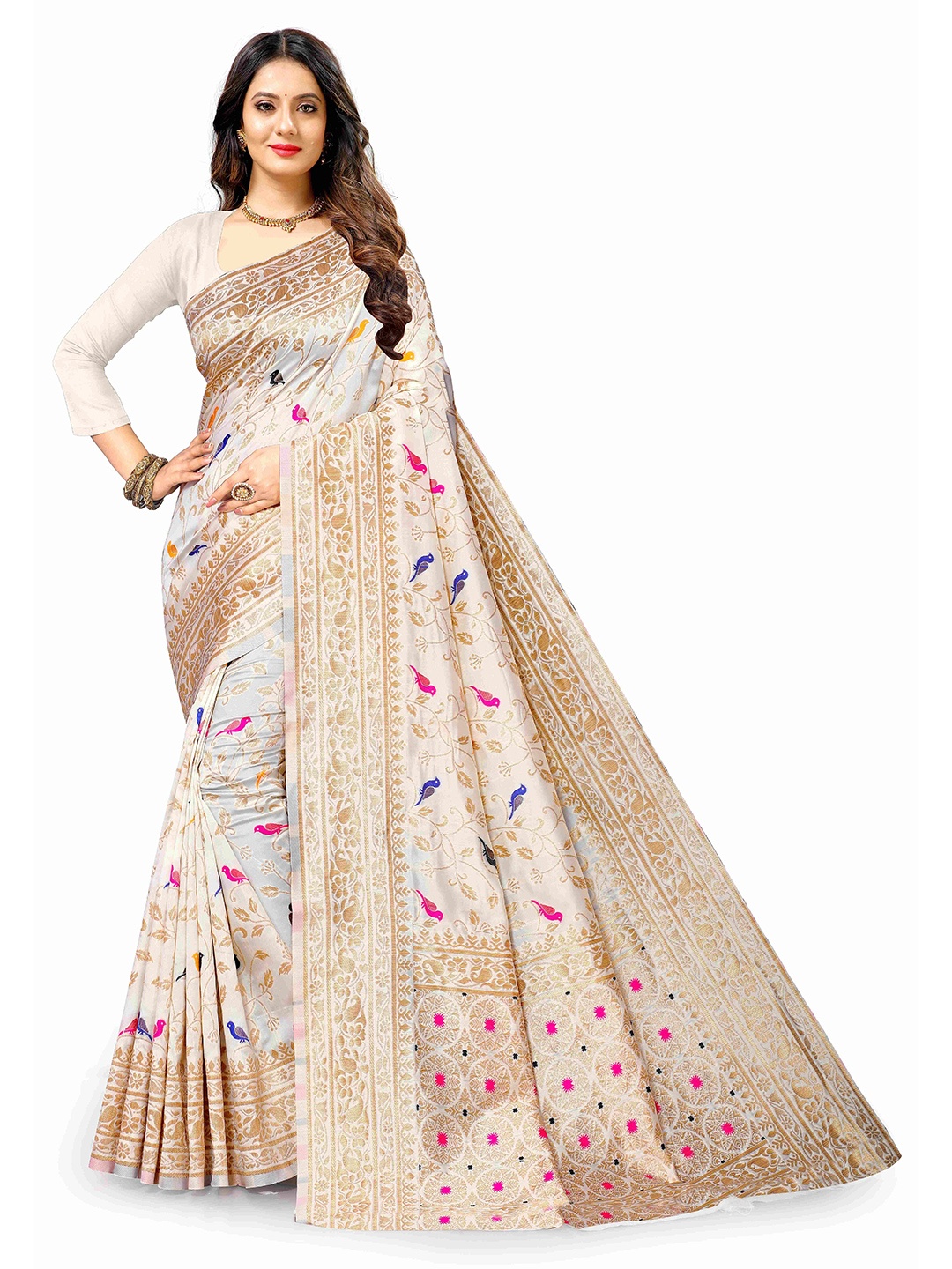 

NIWAA Ethnic Motifs Woven Design Zari Banarasi Saree, Cream