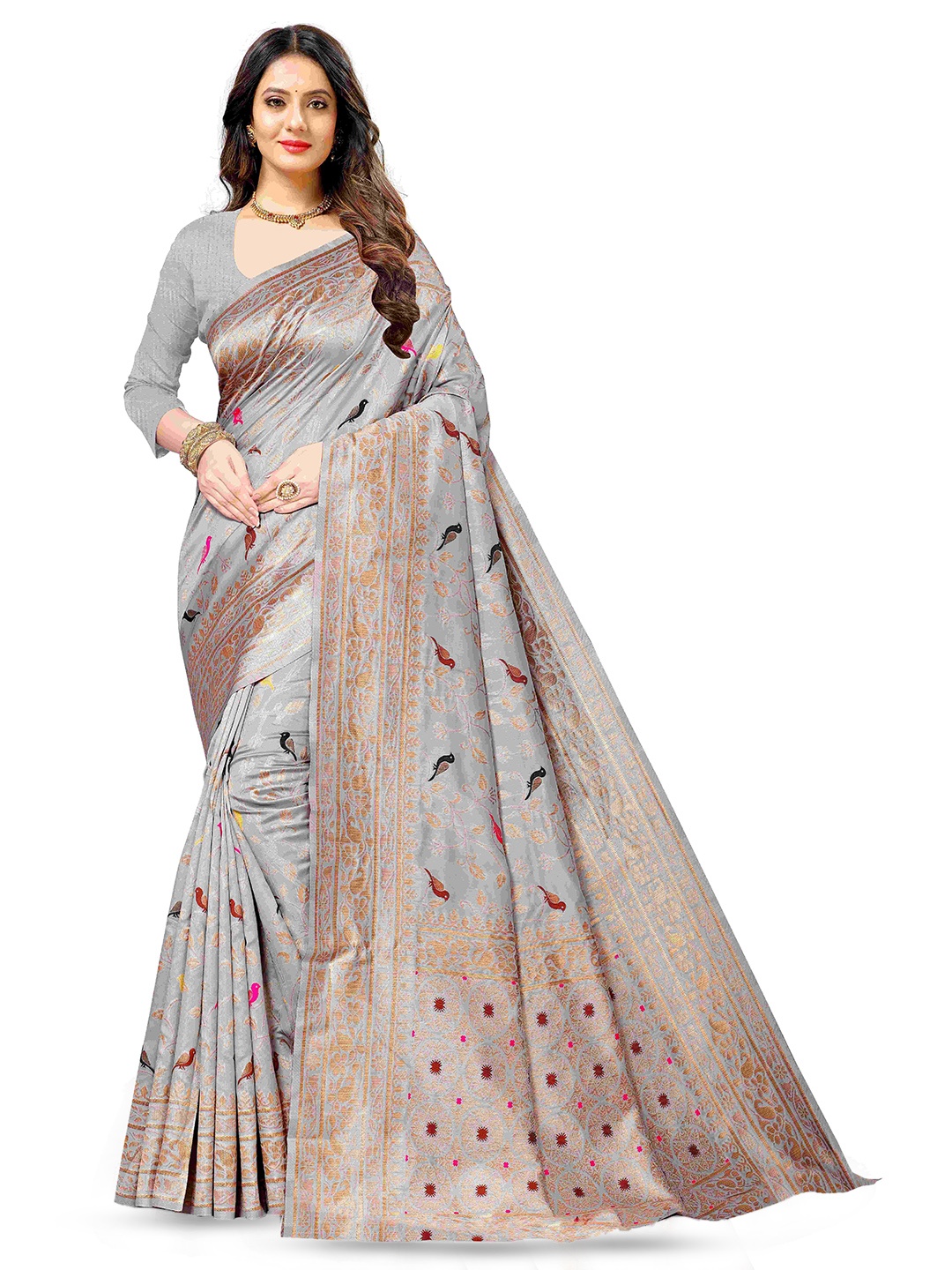 

NIWAA Ethnic Motifs Woven Design Zari Banarasi Saree, Grey