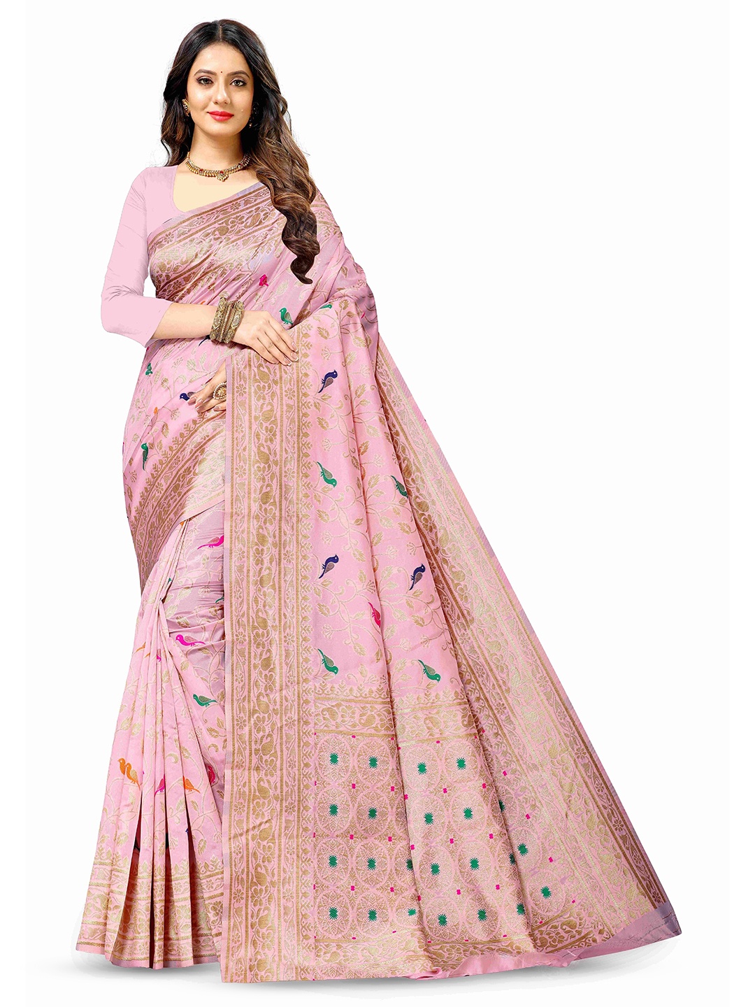 

NIWAA Ethnic Motifs Woven Design Zari Banarasi Saree, Pink