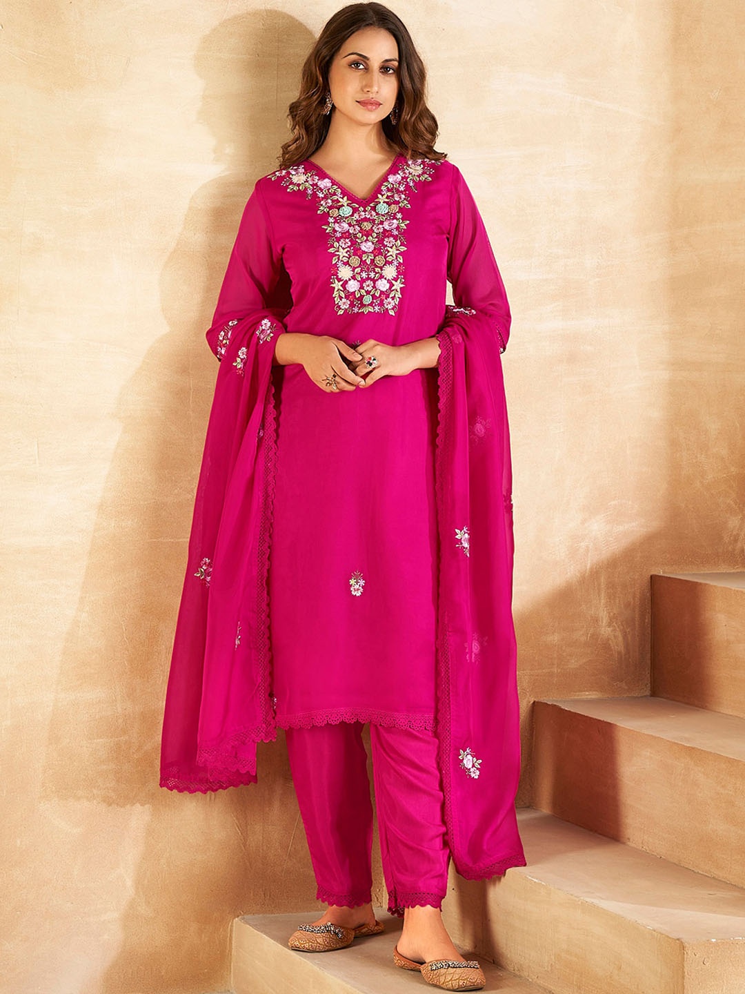 Indo Era Floral Embroidered Regular Kurta With Trousers & Dupatta, Magenta