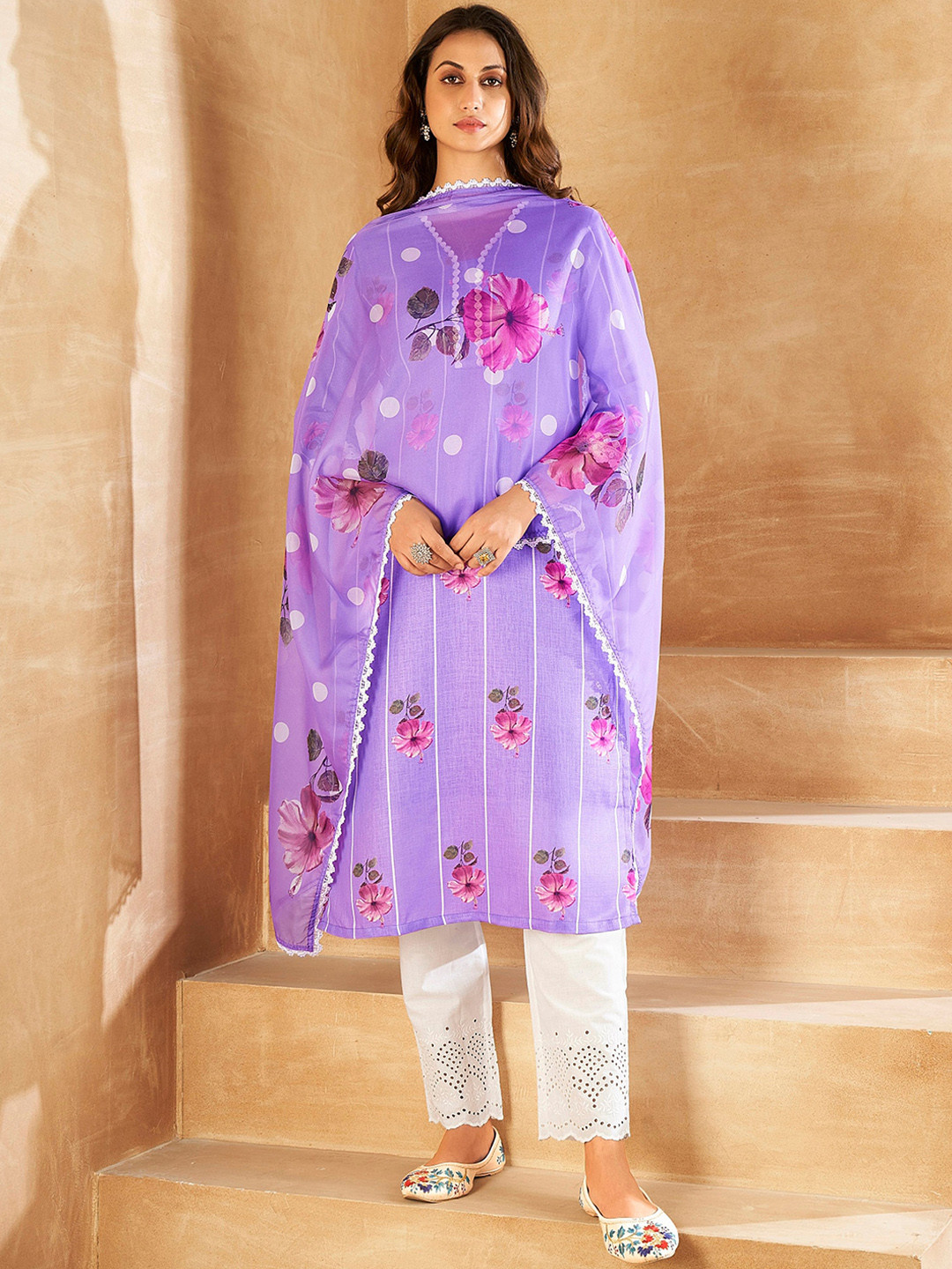 

Indo Era Floral Printed Regular Linen Straight Kurta with Trousers & Dupatta, Purple