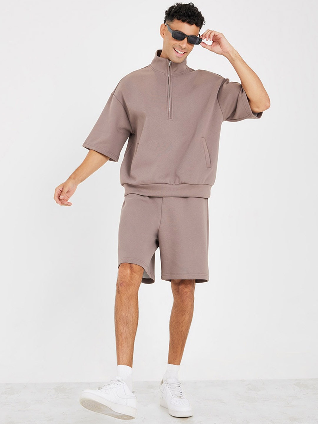 

Styli Premium Scuba Knit Oversize Zip Polo & Shorts Co-ords, Grey