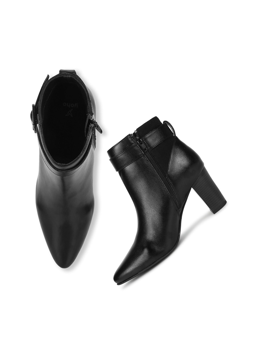 

yoho Women Mid Top Pointed Toe Block Heel Regular Boots With Buckle Detail, Black