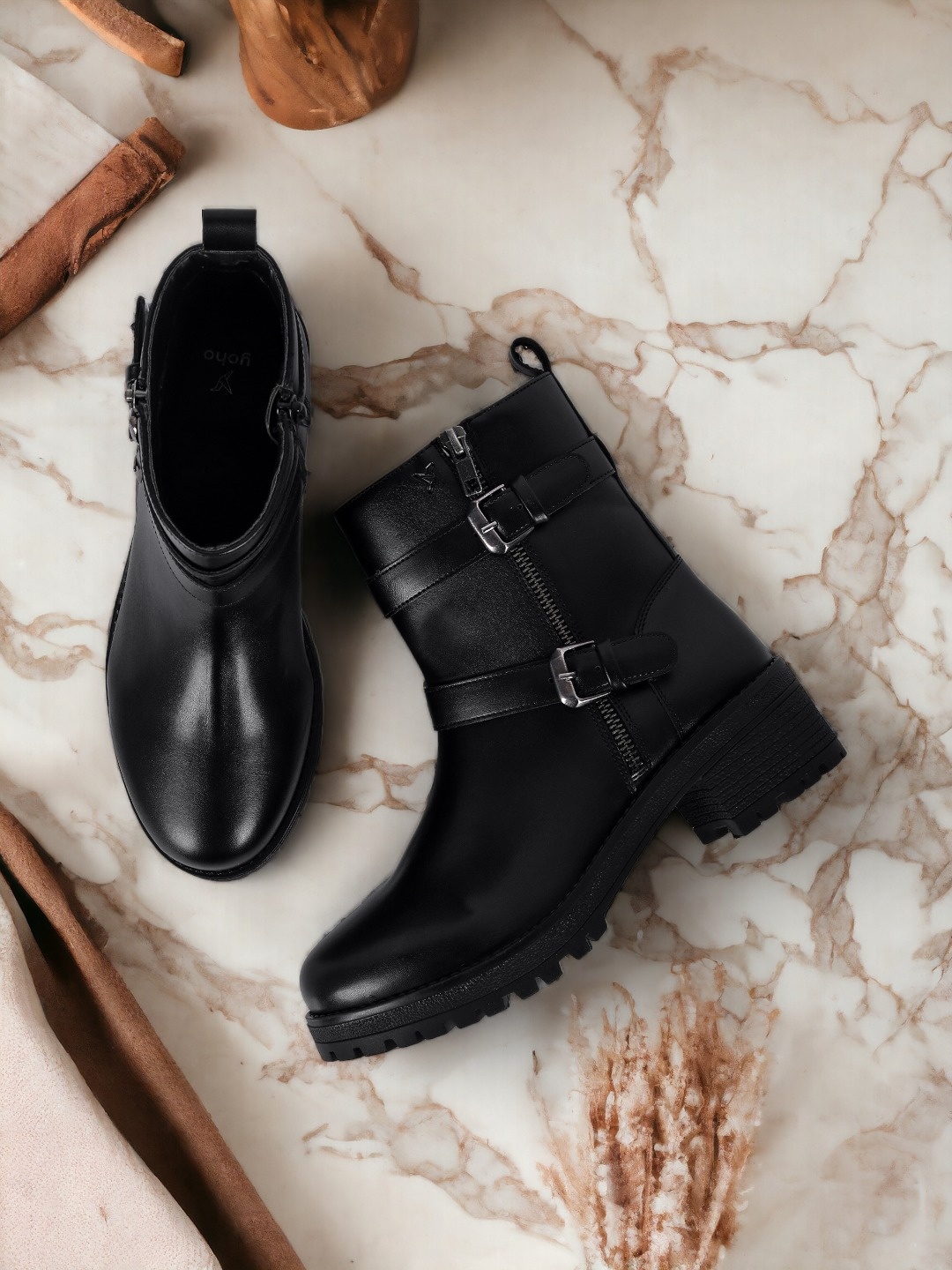 

yoho Women Mid Top Platform Heel Regular Boots With Buckle Detail, Black