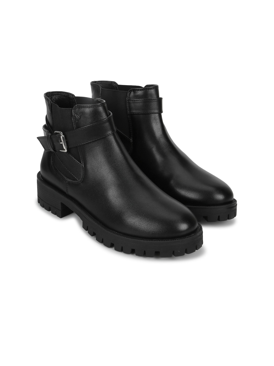 

yoho Women Mid Top Platform -Heel Chelsea Boots With Buckle Detail, Black