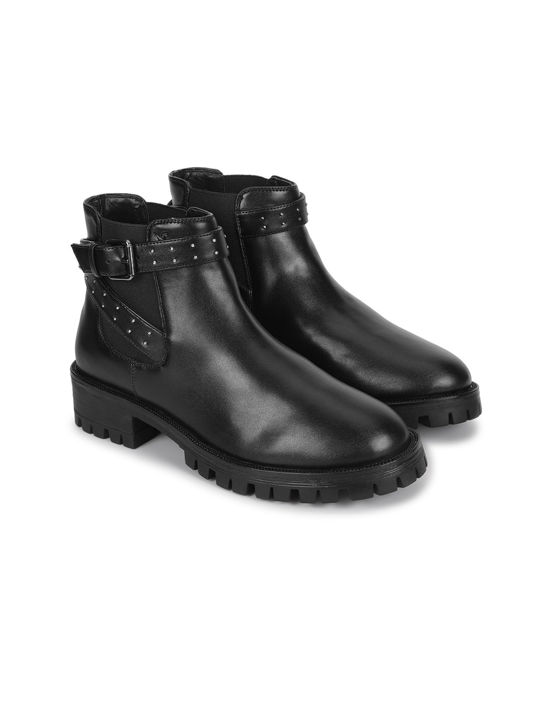 

yoho Women Mid Top Platform-Heeled Chelsea Boots With Buckle Detail, Black