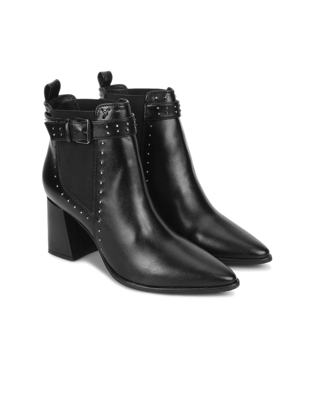 

yoho Women Mid Top Pointed Toe Block Heel Chelsea Boots With Buckle Detail, Black