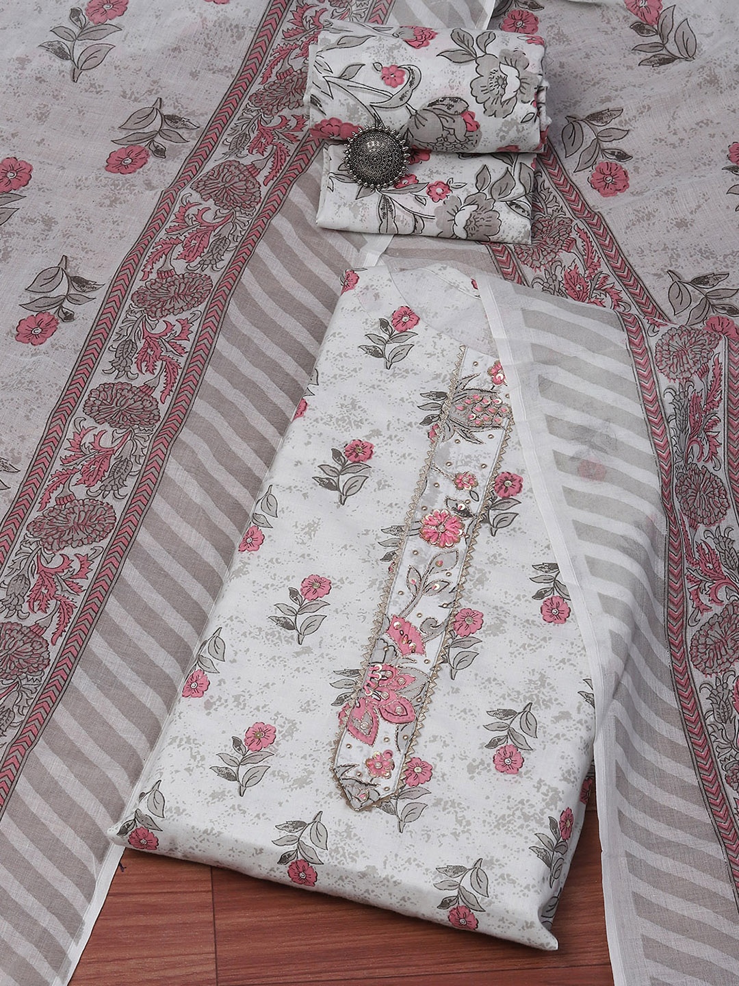 

Biba Floral Printed Gotta Patti Unstitched Dress Material, White