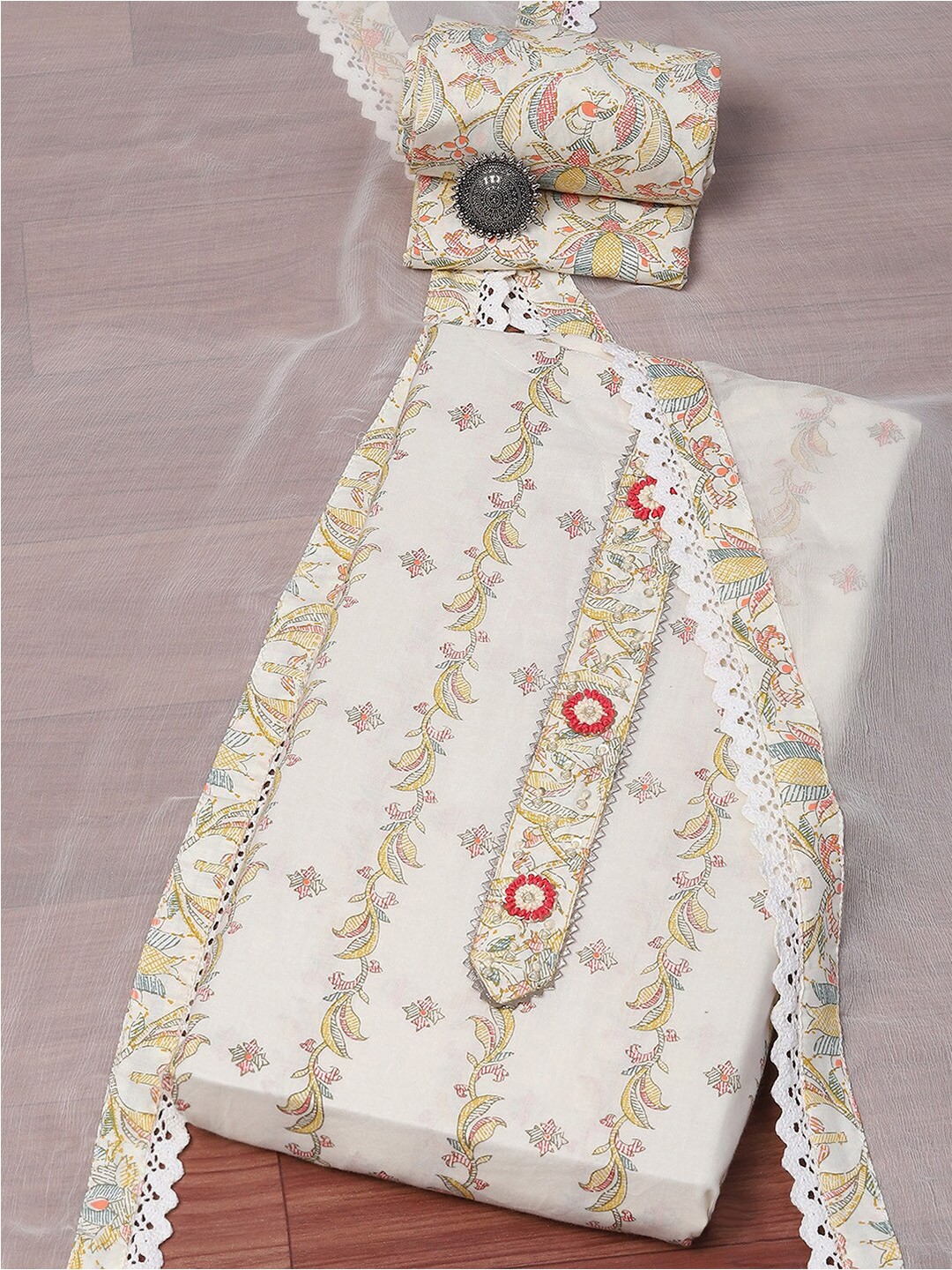 

Biba Ethnic Motifs Printed Gotta Patti Unstitched Dress Material, Off white
