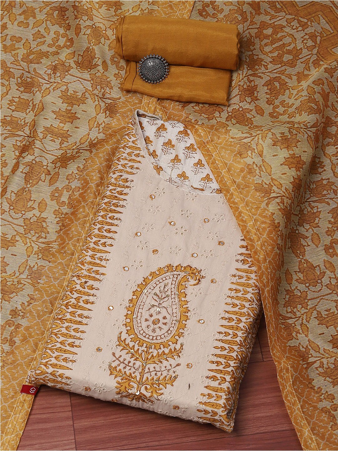 

Biba Ethnic Motifs Printed Sequined Unstitched Dress Material, Beige